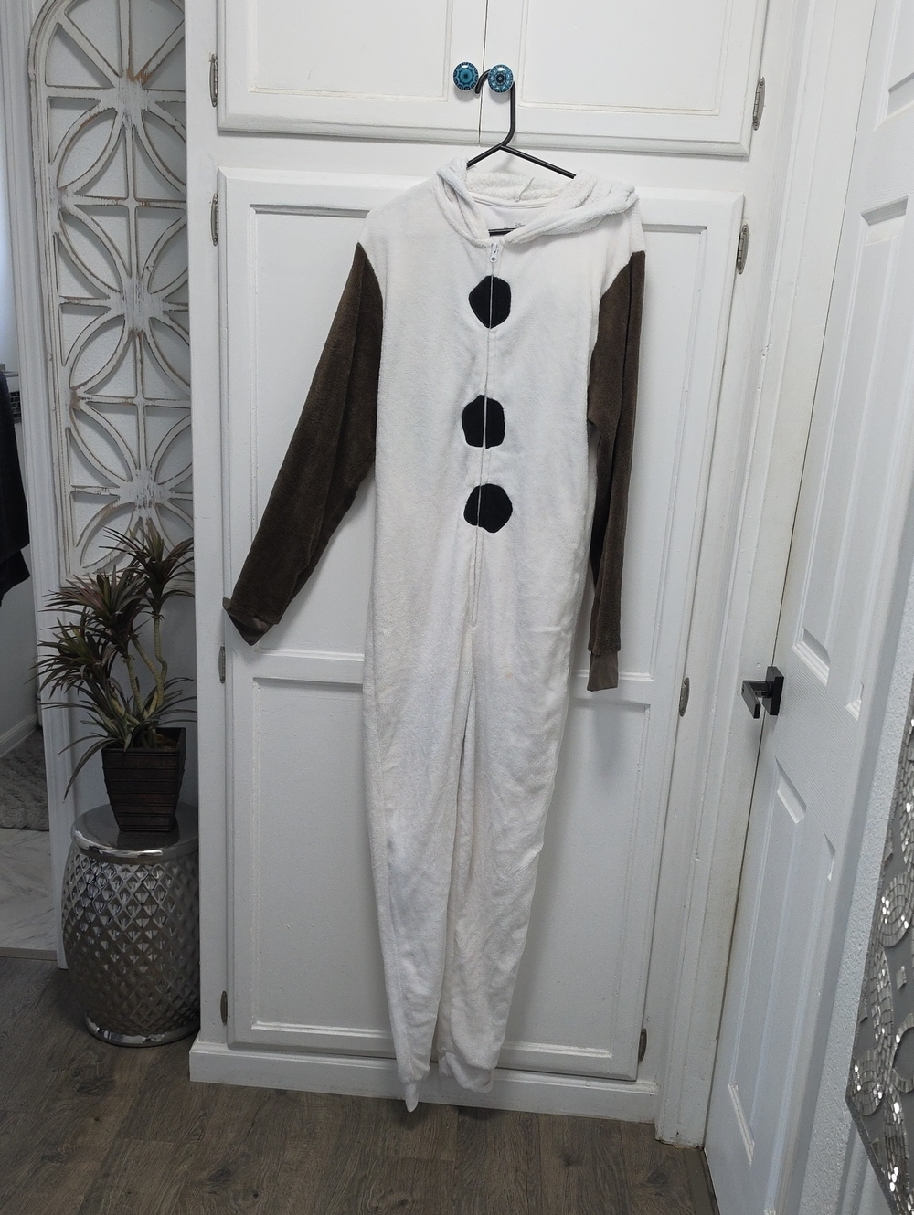 Womens Olaf White and Brown Snowman Hooded One-Piece Pajamas